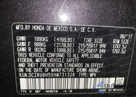 2017 Honda Hr-V Ex z USA, uszkodzony, nr VIN 3CZRU6H5XHM731326